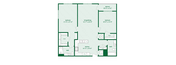 A floor plan of a house with a balcony, two bedrooms, a living/dining area, a kitchen, a bath, and a closet.