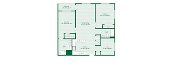 A floor plan of a house with a balcony, two bedrooms, a living/dining area, a kitchen, a bathroom, a den, and a pantry.