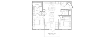 A floor plan of a house with a living room, two bedrooms, a dining room, a kitchen, a bath, a closet, and a porch/balcony.