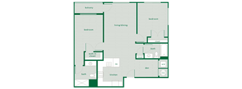 A floor plan of a house with a balcony, two bedrooms, a living/dining area, a kitchen, a walk-in closet, and bathrooms.