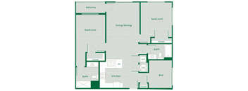 A floor plan of a house with a balcony, two bedrooms, a living/dining area, a kitchen, a bath, a den, and three closets.