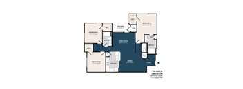 A floor plan of a three bedroom apartment with a living room, dining room, kitchen and a foyer.