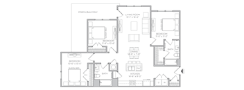 A floor plan of a house with three bedrooms, a living room, a dining room, a kitchen, a bathroom, and a porch/balcony.