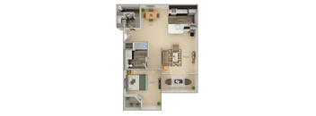 A floor plan of a house with a living room, kitchen, and bathrooms at Woodland Park, Herndon, VA
