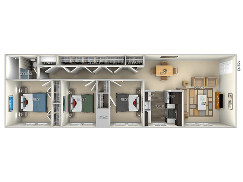 1035 Square-Feet 3 bedroom 1 bath unfurnished floor plan at Dulles Glen, Herndon, Virginia