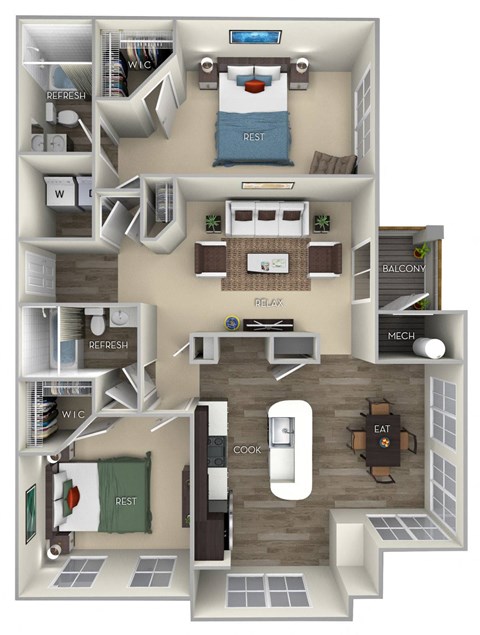 1184 Square-Feet The Chestnut Broadlands 2 bedroom 2 bath furnished floor plan at Broadlands, Ashburn, Virginia