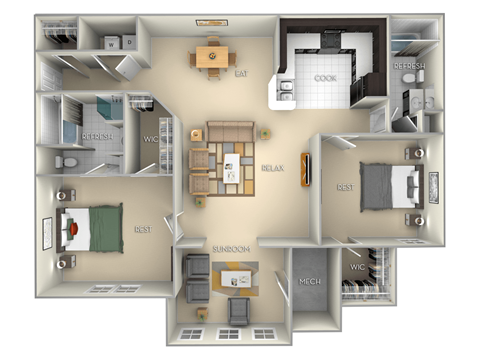 Compass Pointe Village on the Lake 2 bedroom 2 bath furnished floor plan apartment in Spring Lake NC