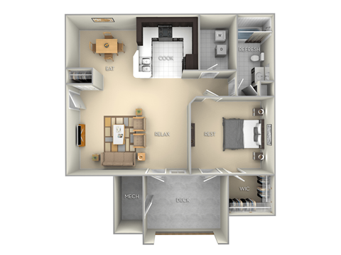 Cove Village on the Lake 1 bedroom 1 bath furnished floor plan apartment in Spring Lake NC
