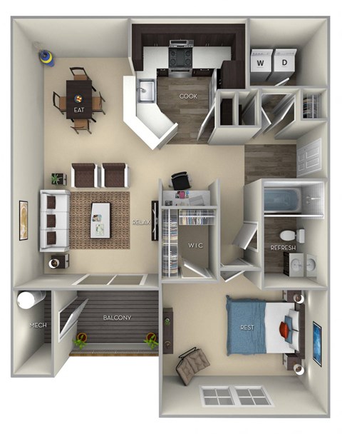 812 Square-Feet The Dogwood Broadlands 1 bedroom 1 bath furnished floor plan at Broadlands, Ashburn, VA