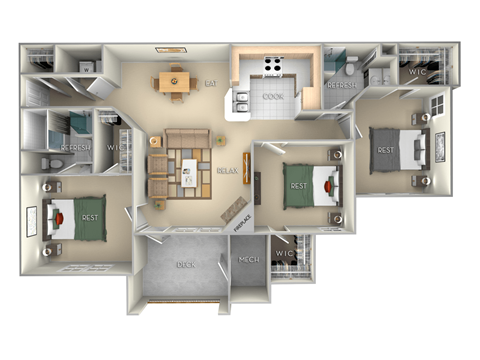 Dover Village on the Lake 3 bedroom 2 bath furnished floor plan apartment in Spring Lake NC