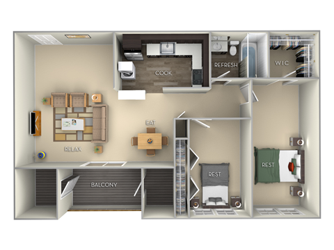 1100 SF 2 Bedroom 1 Bath Floor Plan at Middletown Valley, Middletown