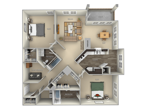 Hawthorne Woodland Park 2 bedroom 2 bath furnished floor plan apartment in Herndon VA
