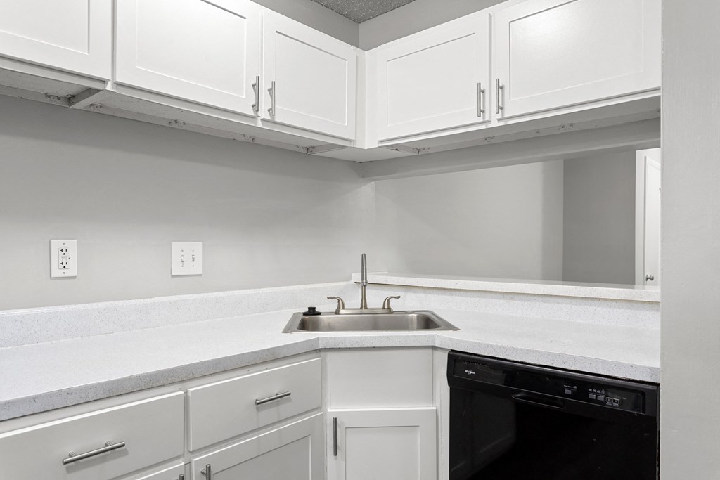 a kitchen with cabinets and a black dishwasher  at Lakes Edge Apartments, Greensboro, NC