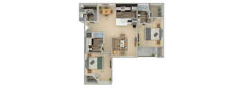 A 3D rendered image of a house layout with labeled rooms at Woodland Park, Herndon, VA