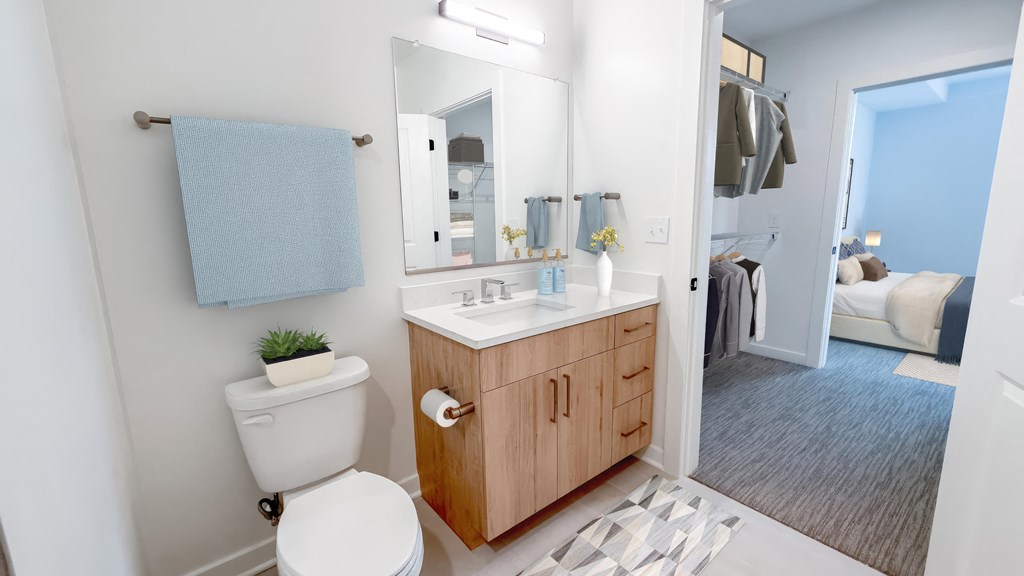 A bathroom with a toilet, sink, and mirror.at Makers Rise, Virginia