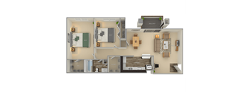 A 3D floor plan of a house with labeled rooms.