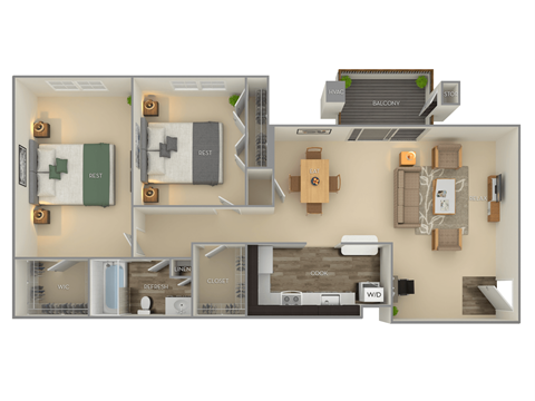 A 3D floor plan of a house with labeled rooms.