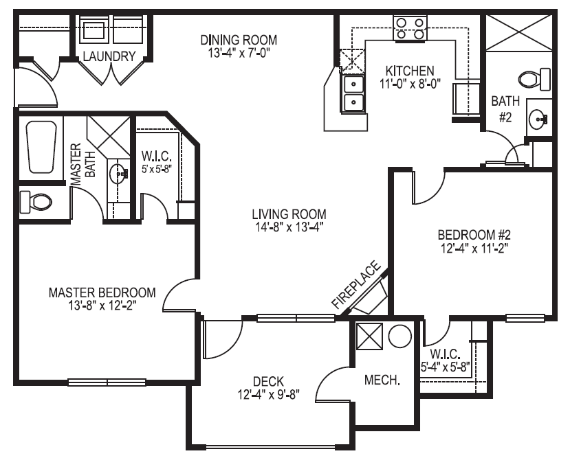 Marina phase I 2 bedroom 2 bath floor plan at Village on the Lake Apartments in Spring Lake NC