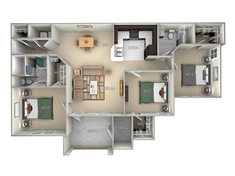 Meridian Village on the Lake 2 bedroom 2 bath furnished floor plan apartment in Spring Lake NC