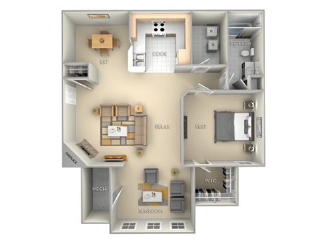 Nantucket Village on the Lake 1 bedroom 1 bath furnished floor plan apartment in Spring Lake NC