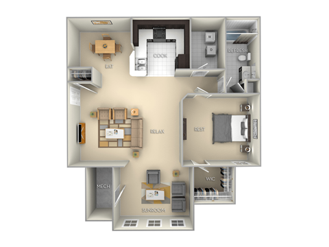 Navigator Village on the Lake 1 bedroom 1 bath furnished floor plan apartment in Spring Lake NC