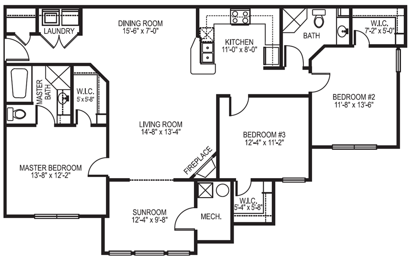 Newport phase 1 3 bedroom 2 bath with sunroom floor planat Village on the Lake Apartments in Spring Lake NC