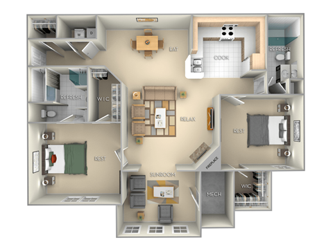 Plymouth Village on the Lake 2 bedroom 2 bath furnished floor plan apartment in Spring Lake NC