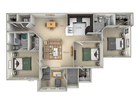 Promenade Village on the Lake 3 bedroom 2 bath furnished floor plan apartment in Spring Lake NC