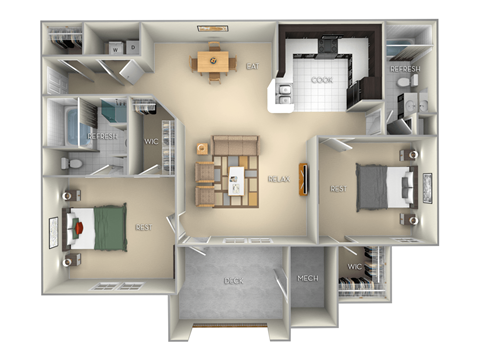 Quayside Village on the Lake 2 bedroom 2 bath furnished floor plan apartment in Spring Lake NC