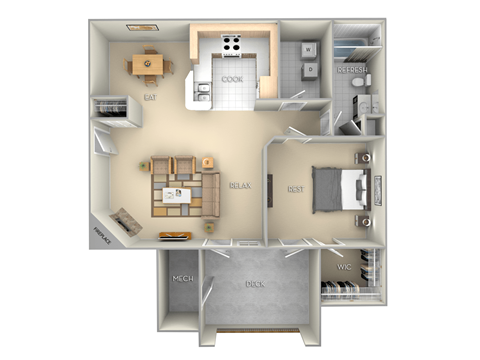 Reef Village on the Lake  1 bedroom 1 bath furnished floor plan apartment in Spring Lake NC