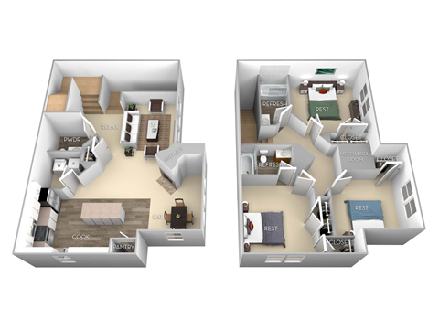Roosevelt III Barrington Park 3 bedroom 2 and a half baths floor plan apartment at Barrington Park, Manassas