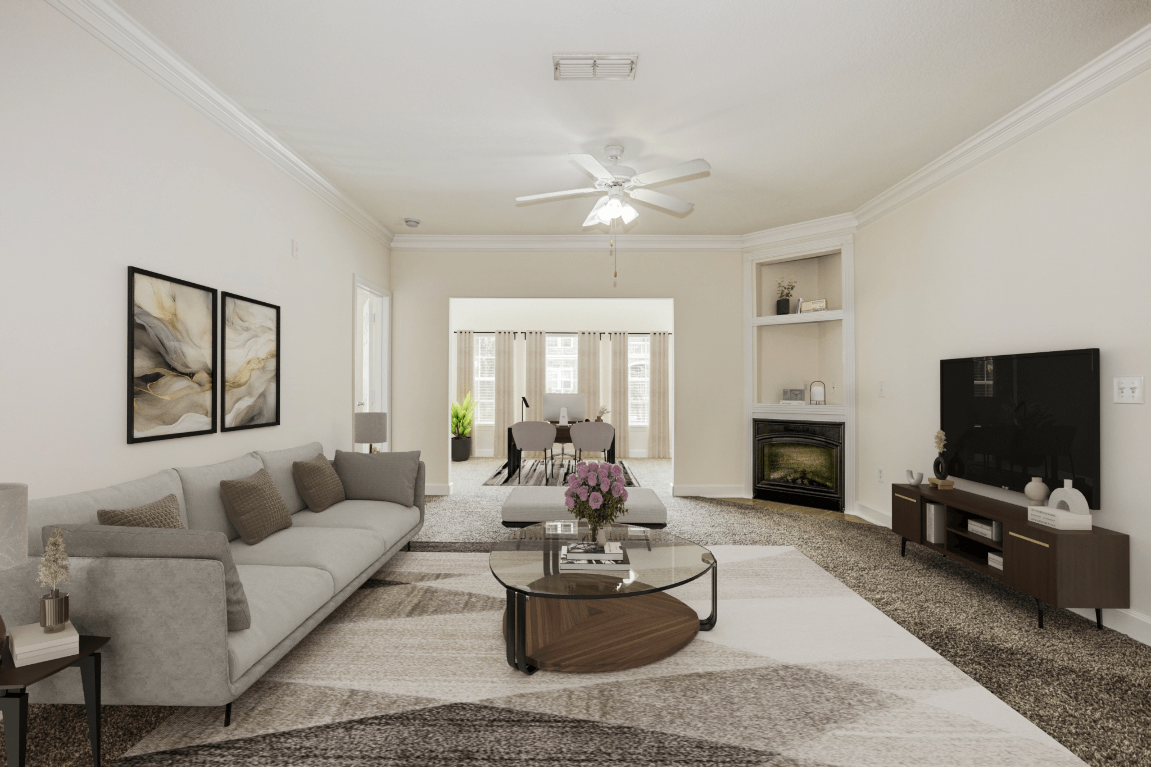 a living room with a couch and a coffee table