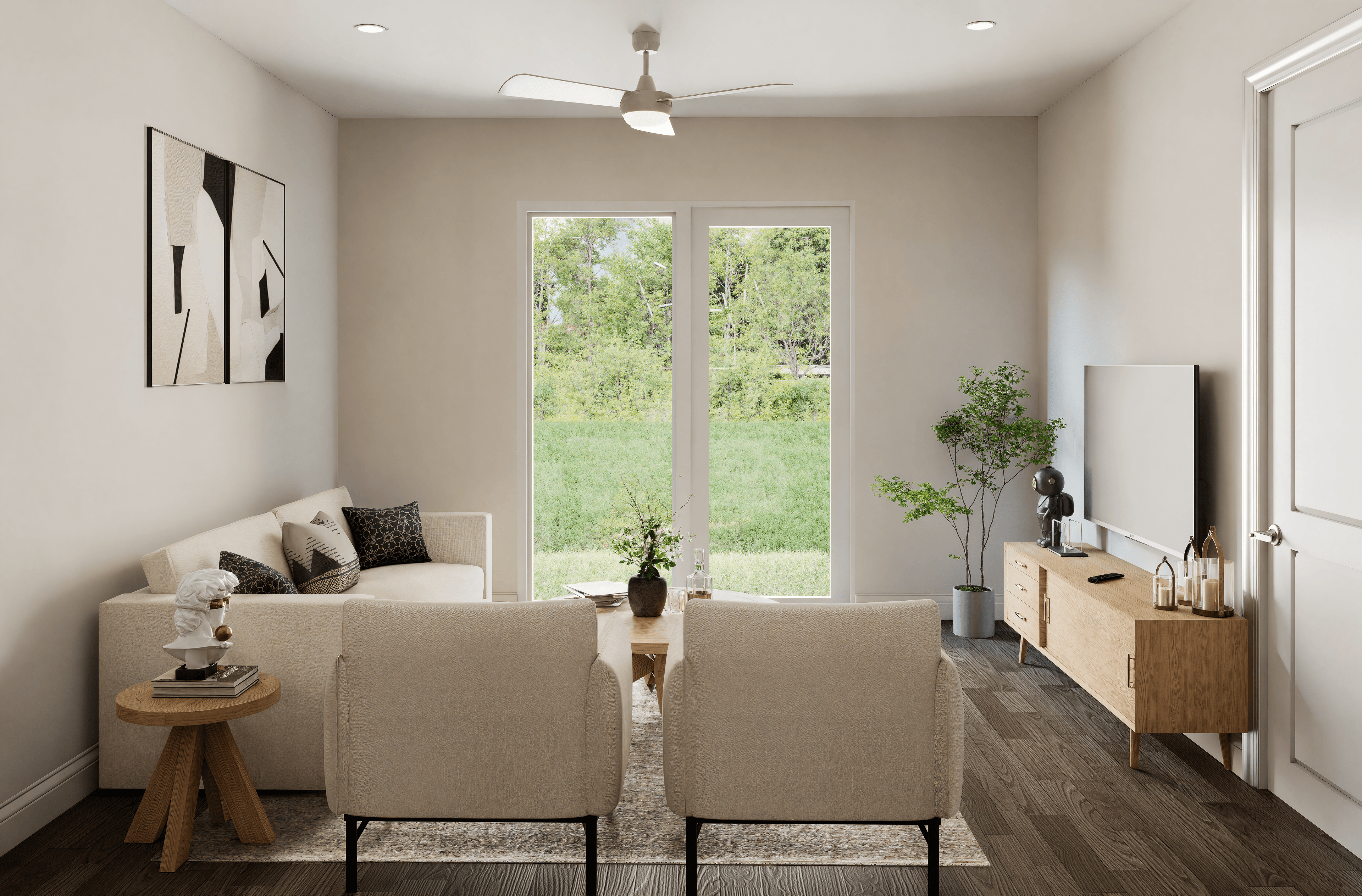 A living room with a couch, chairs, and a table with a vase on it.