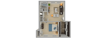 A 3D floor plan of a small apartment with labeled rooms.