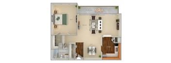 A 3D rendered image of a house layout with labeled rooms.