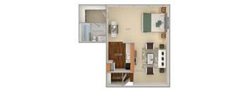 A floor plan of a small apartment with a kitchen, living room, and bathroom.