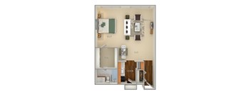 A floor plan of a small apartment with a kitchen, living room, and bathroom.