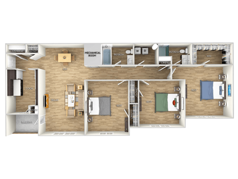 3-bedroom-2-bath Floor Plan at West Pointe Apartments, Burlington