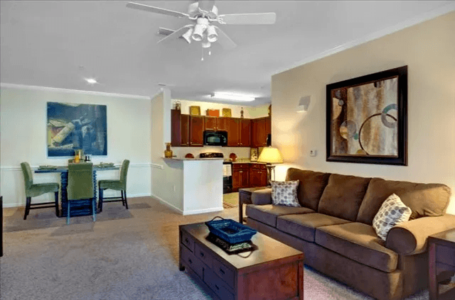 Living Room, Dining Room, Kitchen at Village on the Lake Apartments, Spring Lake, NC, 28390