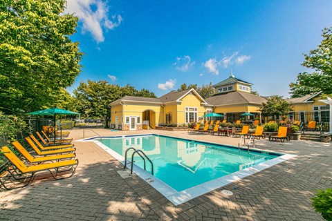 A pool surrounded by yellow sun loungers.