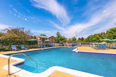 A large swimming pool with blue water and a metal ladder.