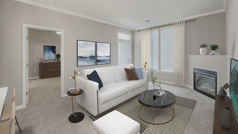 Living room with couch at Woodland Park, Herndon, VA, 20171