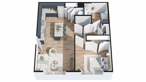 A top-down view of a modern house interior with a central open space and multiple seating areas.