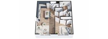 A top-down view of a modern house interior with a central open space and multiple seating areas.