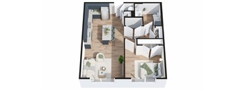 A top-down view of a modern apartment layout with a kitchen, living room, and dining area.