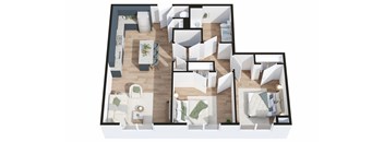 A 3D floor plan of a house with multiple rooms and furniture.