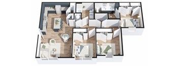 A top-down view of a house layout with multiple rooms and furniture.