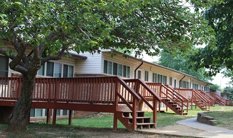 a view of the exterior of a building with stairs