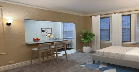 A bedroom with a bed, desk, and chair.