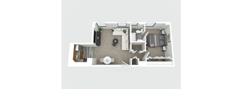 A 3D floor plan of a small apartment with a kitchen, living room, and bathroom.